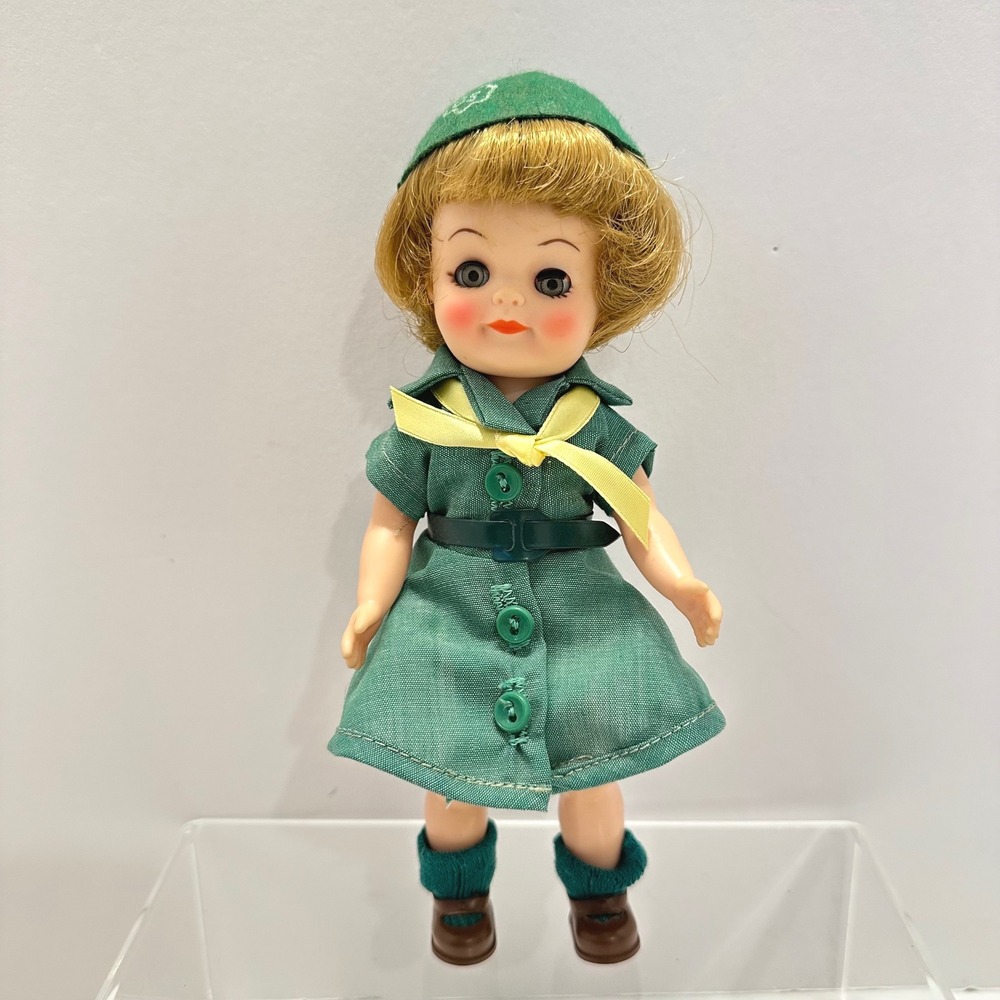 Vintage 1965 Effanbee Girl Scout Doll 8" Green Uniform Blonde Sleep Eyes Hat